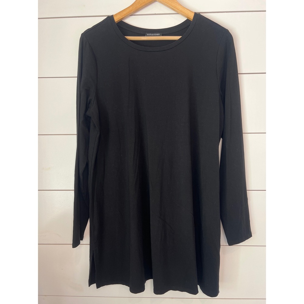Eileen Fisher Black Long Sleeve Tunic Top Side Slits Minimalist quiet luxury